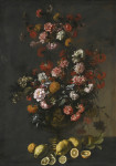 ₴ Репродукція натюрморт від 247 грн.: Натюрморт із квітів у бронзовій урні, лимони на виступі під ними
