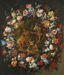 ₴ Репродукция натюрморт от 270 грн.: Гирлянда цветов вокруг сцены с изображением Эрминии и пастуха