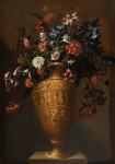 ₴ Репродукція натюрморт від 247 грн.: Натюрморт з тюльпанами, гвоздиками, ірисом та іншими квітами в урні з декоративним крабом
