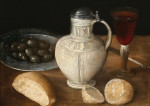 ₴ Репродукция натюрморт от 272 грн.: Глиняный кувшин с хлебом, лимонами, оливками и бокалом вина на столе