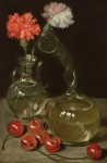 ₴ Репродукция натюрморт от 293 грн.: Стеклянная ваза с цветами и кутрольфом в окружении вишни на выступе