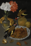 ₴ Репродукция натюрморт от 247 грн.: Рулет, стеклянная ваза с гвоздиками, апельсин, грецкие орехи и миска миндалин с щеглами