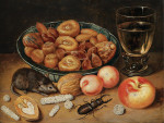 ₴ Репродукція натюрморт від 286 грн.: Натюрморт з каштанами та лісовими горіхами у порцеляновій мисці, ремером, яблуком, абрикосами, жуком та мишкою