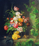 ₴ Репродукція натюрморт від 270 грн.: Натюрморт з квітами, горобцем та гілкою виноградної лози