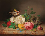 ₴ Картина натюрморт художника от 253 грн.: Троянди з щегликом та пташиним гніздом