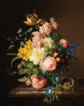 ₴ Репродукция натюрморт от 282 грн.: Букет цветов в вазе с птичьим гнездом и бабочкой