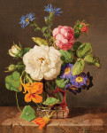 ₴ Репродукція натюрморт від 276 грн.: Букет квітів з білими та червоними трояндами, первоцвітами та настурцією