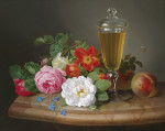 ₴ Репродукция натюрморт от 300 грн.: Натюрморт с бокалом для вина, розами и персиком