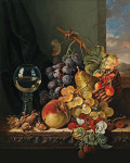 ₴ Репродукция натюрморт от 287 грн.: Натюрморт с корзиной фруктов, бокалом вина и пейзажем за пределами