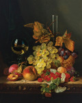 ₴ Репродукція натюрморт від 287 грн.: Натюрморт із фруктами в кошику біля келиха на виступі