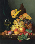 ₴ Репродукція натюрморт від 287 грн.: Ремер, виноград, персики, сливи, малина та волоські горіхи на дерев'яному уступі
