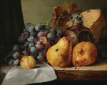 ₴ Репродукція натюрморт від 300 грн.: Груші, виноград, зелень, сливи, фляга і плетений кошик на дерев'яному виступі