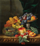 ₴ Репродукція натюрморт від 270 грн.: Натюрморт з виноградом, малиною, персиком, грушею та сливами з пташиним гніздом на мармуровому столі