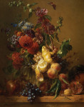 ₴ Репродукція натюрморт від 287 грн.: Натюрморт із жоржинами, мальвою та іншими квітами у скляній вазі та фруктами на позолоченій тацці