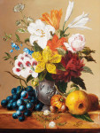 ₴ Репродукція натюрморт від 232 грн.: Натюрморт із квітами у вазі та фруктами та лісовими горіхами на постаменті
