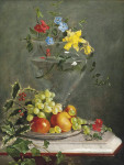 ₴ Репродукція квітковий натюрморт від 320 грн.: Холлі, плющ, виноград, яблука та апельсини в мисці біля вази з квітами, включаючи нарциси та флокси, на мармуровому виступі