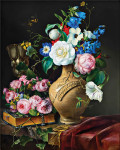 ₴ Репродукція квітковий натюрморт від 302 грн.: Вінок з троянд на книзі і букет у керамічній вазі