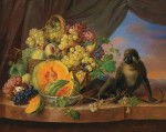 ₴ Репродукция натюрморт от 314 грн.: Корзина фруктов с виноградом, персиками, инжиром и маленькая обезьянка