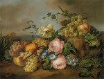 ₴ Репродукція натюрморт від 306 грн.: Виноград, персики та груша з трояндами, вьюнками та іншими квітами біля скелі