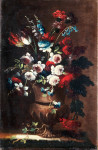 ₴ Репродукция цветочный натюрморт от 284 грн.: Розы, тюльпаны и другие цветы в бронзовом весе, на каменном выступе
