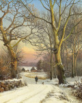 ₴ Репродукція краєвид від 238 грн.: Зимовий день у лісі, чоловік прогулює собаку