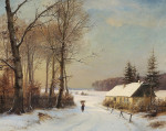 ₴ Репродукция пейзаж от 238 грн.: Зимний пейзаж с женщиной на проселочной дороге рядом с домом