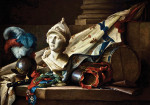 ₴ Репродукция натюрморт от 291 грн.: Бюст Минервы, шлем, мушкеты, барабаны, знамя и другие объекты