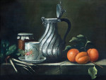 ₴ Репродукція натюрморт від 329 грн.: Натюрморт з кавником, гарбузом, банкою варення, фруктами та овочами на кам'яній полиці