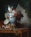 ₴ Репродукция цветочный натюрморт от 329 грн.: Натюрморт с цветами в вазе на столе возле бюста Флоры, фрукты и другие предметы с занавесом