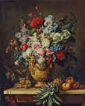 ₴ Репродукція квітковий натюрморт від 329 грн.: Натюрморт з алебастровою вазою, наповненою квітами, з кількома видами фруктів на столі, такими як ананаси, персики та виноград