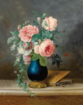 ₴ Репродукция цветочный натюрморт от 329 грн.: Натюрморт из роз и других цветов в голубой вазе с книгой