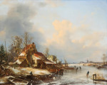 ₴ Репродукция пейзаж от 306 грн.: Голландская зимняя сцена с фигуристами и фигурами возле саней на льду