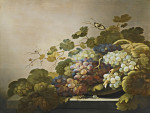 ₴ Репродукція натюрморт від 386 грн.: Натюрморт з виноградом і виноградною лозою, розташованими в кошику на кам'яному виступі, з метеликами, коником і павуком