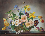 ₴ Репродукция цветочный натюрморт от 322 грн.: Нарциссы, тюльпаны, ирисы и примулы в плетеной корзине с шмелем над ним