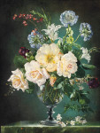 ₴ Репродукція квітковий натюрморт від 249 грн.: Троянди, гортензії та інші квіти в скляній вазі на мармуровому виступі з сонечком