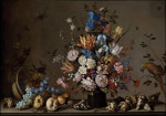 ₴ Репродукция цветочный натюрморт от 284 грн.: Натюрморт с опрокинутой корзиной фруктов, вазой с цветами и ракушками