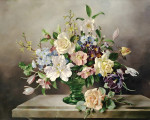 ₴ Репродукція квітковий натюрморт від 302 грн.: Натюрморт із квітів у зеленій скляній вазі