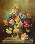 ₴ Репродукция цветочный натюрморт от 302 грн.: Роскошный натюрморт с разнообразными цветами в фарфоровой урне на каменном выступе