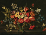 ₴ Репродукция цветочный натюрморт от 393 грн.: Смешанные цветы в корзине на каменном выступе
