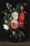 ₴ Репродукция цветочный натюрморт от 331 грн.: Розы, пион, незабудки, ипомея и другие цветы в стеклянной вазе