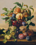 ₴ Репродукция цветочный натюрморт "Натюрморт с персиками и сливами в красной стеклянной чаше"