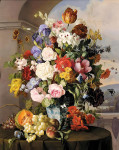 ₴ Репродукция цветочный натюрморт "Розы, тюльпаны и другие цветы в сине-белой вазе"