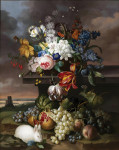 ₴ Репродукция цветочный натюрморт "Натюрморт с цветами, фруктами и кроликом"