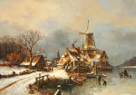 ₴ Репродукция пейзаж "Голландская деревня на замерзшей реке"