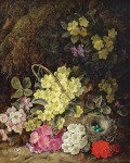 ₴ Репродукция цветочный натюрморт "Первоцветы, незабудки, герани, плетеная корзина и яйца в гнезде на песчаном берегу"