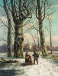 ₴ Репродукция пейзаж известного художника "Лес зимой с фигурами на заснеженной тропе"