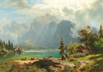 ₴ Репродукция пейзаж "Горное озеро с альпийской хижиной и фигурами"