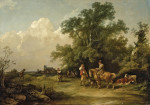 ₴ Репродукция пейзаж "Пейзаж с пастухами, животными и путешественником на лошади на переднем плане"