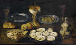 ₴ Репродукция натюрморт известного художника "Натюрморт с устрицами и оливками на жестяных тарелках вместе с серебряным ящиком для специй, чашкой для наутилуса и миской Ван-ли с сахарным печеньем"