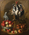 ₴ Репродукция натюрморт известного художника "Натюрморт с охотничьим трофеем, фруктами и попугаем на фоне ниши"